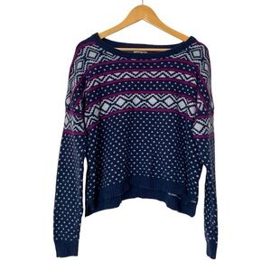 Arizona Jean Company Navy and Pink Fair Isle Knit Crop Sweater Soft Cozy